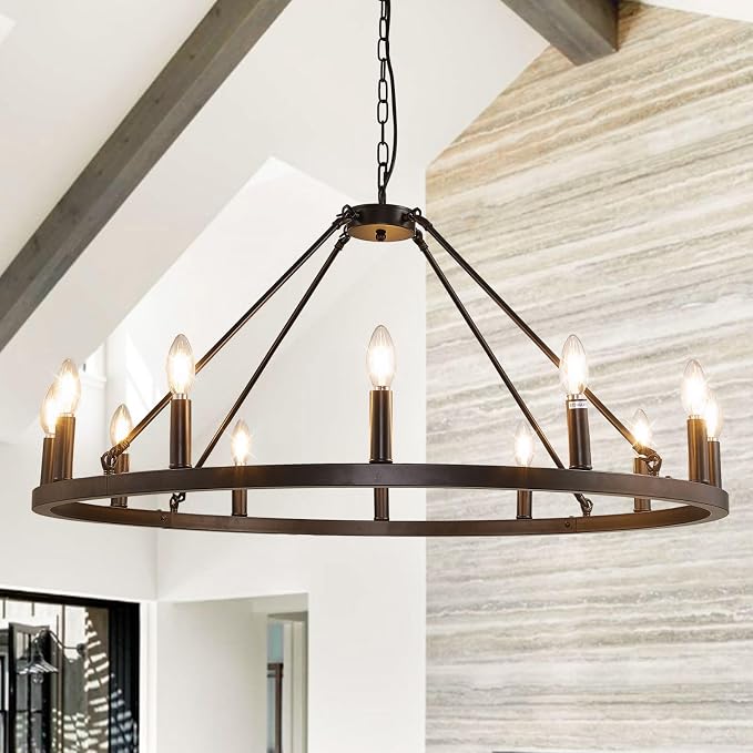 37.5" Black Farmhouse Chandelier,12-Light Large Wagon Wheel Chandelier,Round Dining Room Light Fixtures Over Table,Foyer Chandeliers for High Ceilings,for Kitchen Island,Living Room,Bedroom,Entryway by SofaFurniture