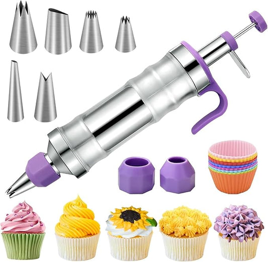 FANTEXY Dessert Decorating Syringe Kit With 6 Frosting Icing Tips for Cake Decorating, Stainless Steel Cupcake Decorating Kit For Cakes, Cookies,Icing Gun and Tips Set