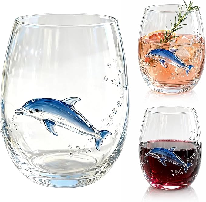 Ocean Themed Dolphin Hand-Blown Coastal Glassware | Ocean Themed Octopus Glassware Hand Blown Coastal Stemless Wine Glasses - Unique Coastal Decor Gift for Ocean Lovers - Image 9