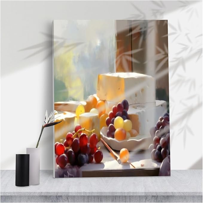 Warm Sunlit Cheese and Grapes Still Life Wall Decor,Soft Impressionist Food Scene for Cozy Kitchen or Dining Room Home Decor,8''x12'' Framed Modern Canvas Wall Art by Unknown
