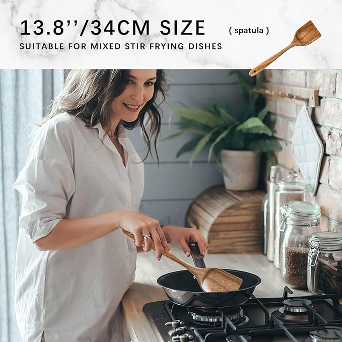 Wooden Spoons for Cooking, 4-Piece Acacia Wood Cooking Utensil Set | Spoons and spatulas stir, mix, flip and serve; balanced handles offer control while staying gentle on nonstick cookware. - Image 3