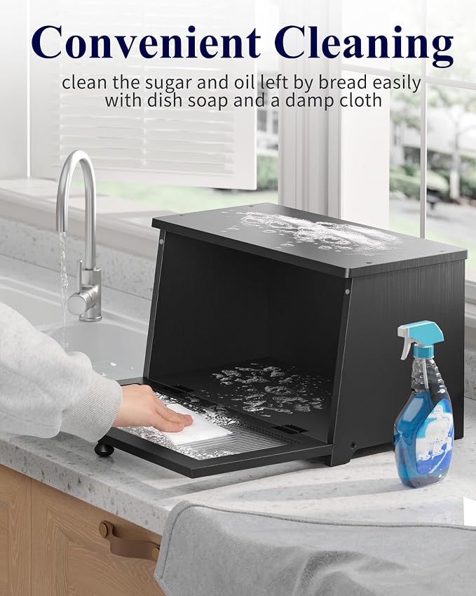 Kitsure Wooden Bread Box for Kitchen Countertop, 1-Tier, Black | Large Capacity Kitchen Countertop Organizer, Stylish Bread Storage with Window, Multi-functional Container - Image 6