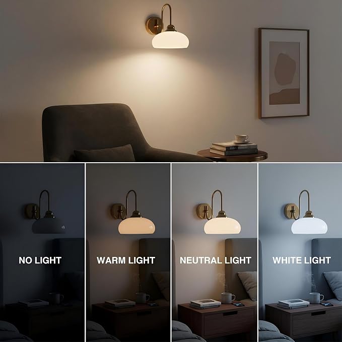 Modern Brushed Brass Wall Sconce Set of 2, 7.9" Smooth Glass Bowl Wall Lamps Hardwired 2 Pack for Bedside, Mid Century Elegant Milk White Glass Vanity Light Above Sink - Image 3