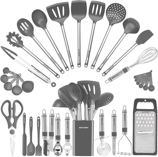 Kitchen Utensil Set-Silicone Cooking Utensils-33 Kitchen Gadgets & Spoons for Nonstick Cookware-Silicone and Stainless Steel Spatula Set-Best Kitchen Tools, Useful Pots (Grey) by BESTZMWK