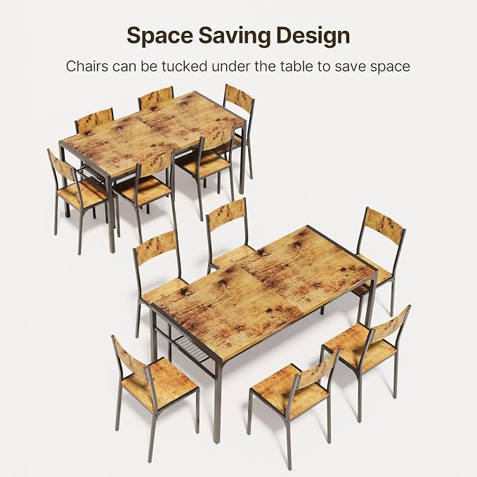 Gizoon 7-Piece Dining Table Set for 6, Kitchen Table with Chairs Rustic | Spacious rustic 6-person dining set with under-table storage rack. Ergonomic chairs slide under table to maximize space. - Image 5