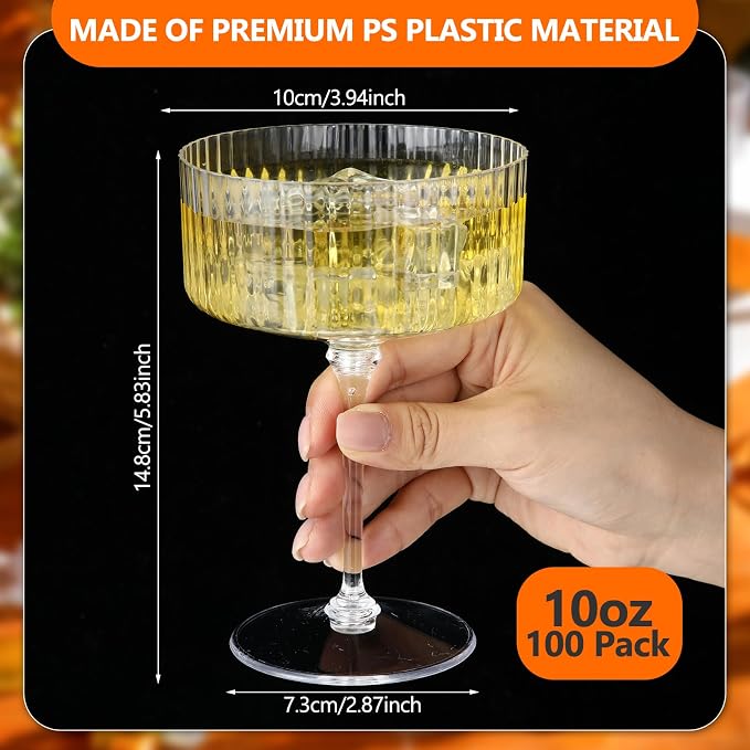 Jingmore 100 Pcs Ribbed Martini Glasses 10 oz Disposable Plastic Vintage Ribbed Coupe Glasses Unbreakable Dessert Parfait Glassware for Wedding Birthday Party Supplies (Clear) - Image 2