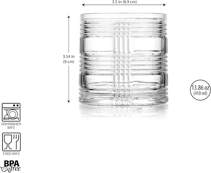 Old Fashioned Whiskey Glasses Set of 4, 14 oz Rocks Glasses, Heavy Base Scotch Bourbon Cocktail Tumblers, Ribbed Plaid Textured Drinking Glasses, Clear Lowball Glassware, Dishwasher Safe - Image 4
