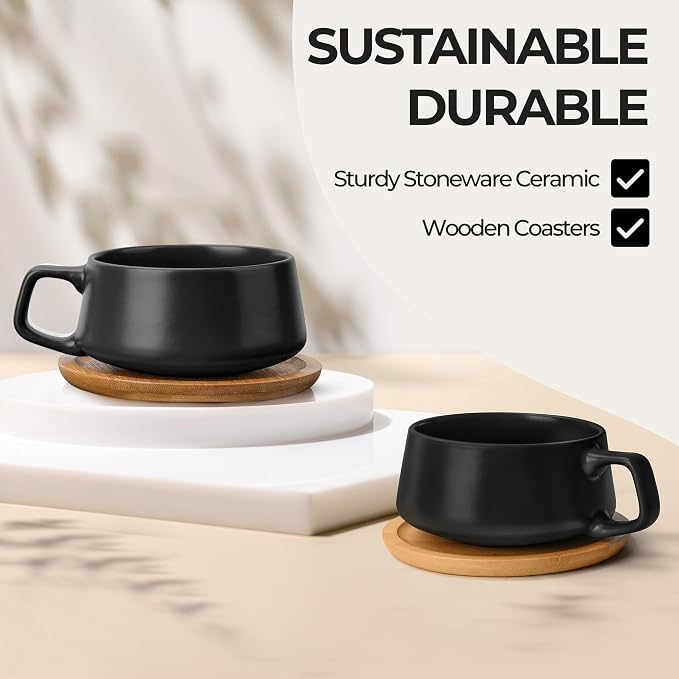 MIAMIO - Cappuccino Cup Set of 4, Ceramic (11oz), Wide - Luxe (Black) | Ceramic cappuccino cups and saucers, wide latte cups and mugs for Americano, 4-piece set of ceramic cups, dishwasher safe - Image 5