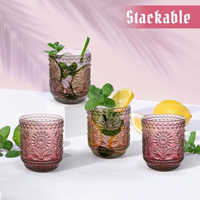 Topsky Vintage Drinking Glass Set of 4,12 oz Embossed Floral Drinkware Set,Pink Purple Drinking Glasses Cups Wine Glasses Colored Glassware for Whisky,Beer,Juice,Cocktail,Heavy Duty - Image 8