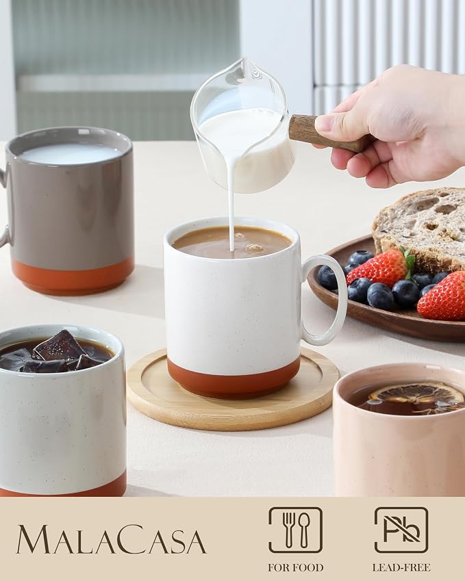 MALACASA 12oz Ceramic Coffee Mugs Set of 4, Stackable Coffee Cups with Straight-Sided Design, Mugs for Coffee, Latte, Tea, Hot Chocolate, Cappuccino and Cocoa, Microwave & Dishwasher Safe, Multicolor - Image 3