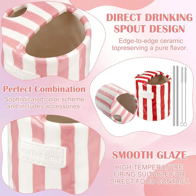 2 Pack Ceramic Coffee Mug with Sip Hole Espresso Cup 10oz with Straws Retro Hand Painted Striped Ceramic Iced Coffee Tea Travel Mug Latte Cup for Kitchen Dining (Simple,Red,Pink) - Image 3