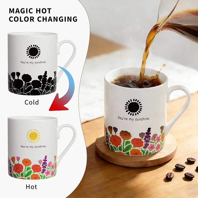 Lovfit Garden Color Changing 12oz Ceramic Coffee Mug | Heat Sensitive You are My Sunshine Cup, Sunflower Birthday Gift for Women Friends Family, Home Office Use - Image 2
