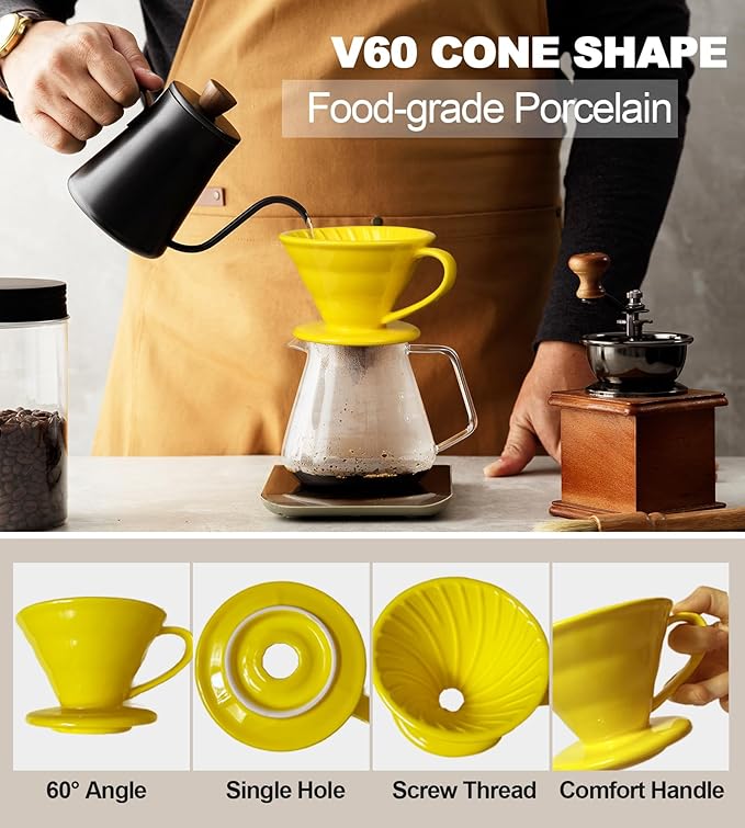 Pour Over Coffee Dripper - Ceramic Pour Over Cone, Porcelain Coffee Maker with 10Pcs Size 02 Paper Filter, Manual Brew Maker for Home, Cafe, Office - 1-4Cup, V60 Size 02 (Yellow)