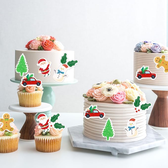 42PCS Edible Christmas Cupcake Toppers - Wafer Paper Santa Claus、Tree、Snowman、Gingerbread Man、Picks Merry Christmas Theme Holiday Baby Shower Birthday Party Cake Decorations Supplies - Image 5