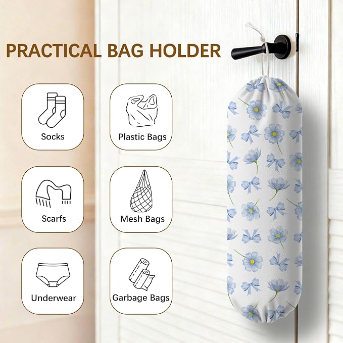 Plastic Bag Holder Dispenser, Plastic Grocery Bag Organizer & Wall Mount Paper Trash Bags Saver Storage for Kitchen Home Pantry Decor - Blue Floral Shopping Bags Storage Dispenser - Image 4