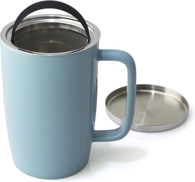 FORLIFE Dew Glossy Finish Brew-In-Mug with Basket Infuser & "Mirror" Stainless Lid 18 oz., Turquoise