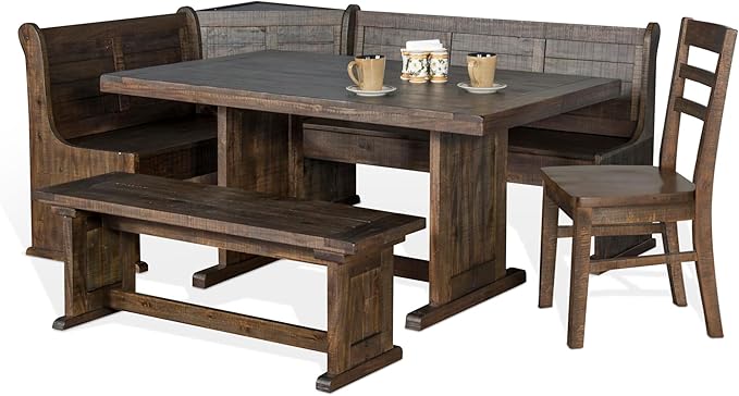 Pemberly Row Farmhouse Wood Kitchen Corner Breakfast Dining Nook Set with Table, Reversible Bench, Chair and Hidden Storage in Tobacco Leaf - Image 2