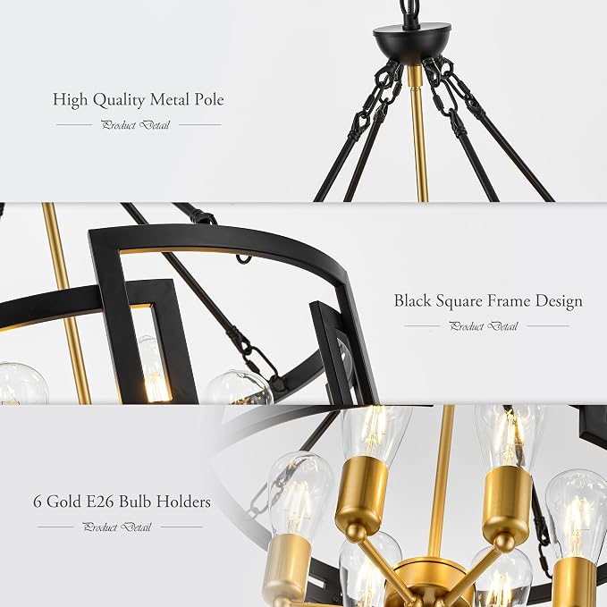 Modern 19.7" Black Gold Chandelier for Dining Room Industrial Vintage Semi Flush Mount 6-Light Round Pendant Ceiling Light Fixture for Kitchen Bedroom Living Room Hallway Entryway Foyer - Image 8