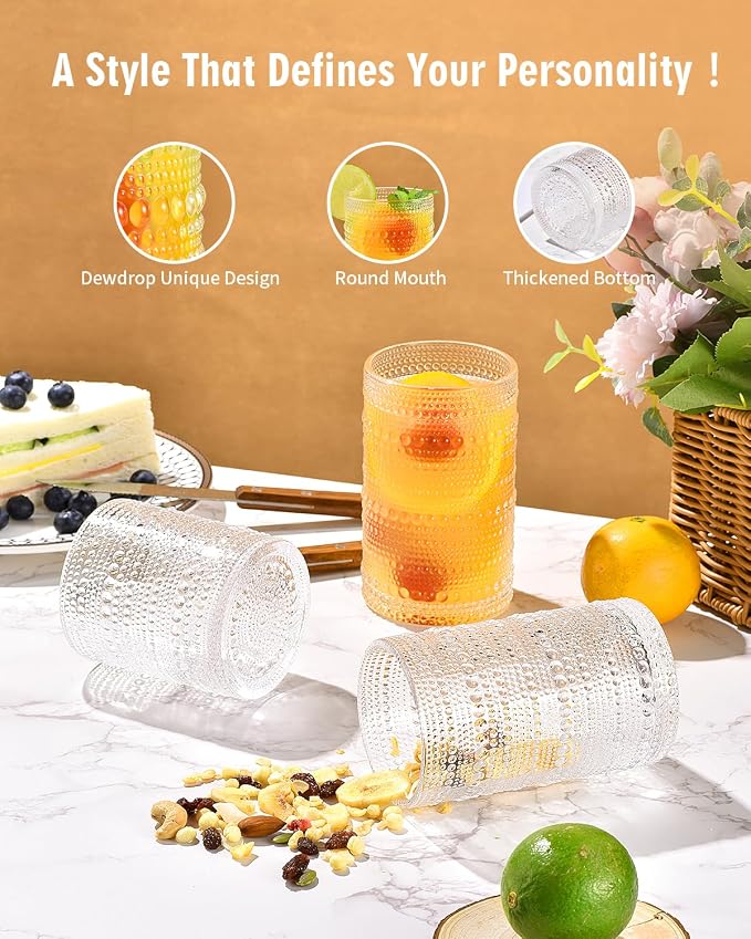 ISMASOAN Vintage Hobnail Drinking Glasses Set of 8, 14oz &12oz Cocktail Cup | Beaded glassware with vintage bubble texture. Highball cups for kitchen use, whiskey, juice, water, beer and daily drinks - Image 3