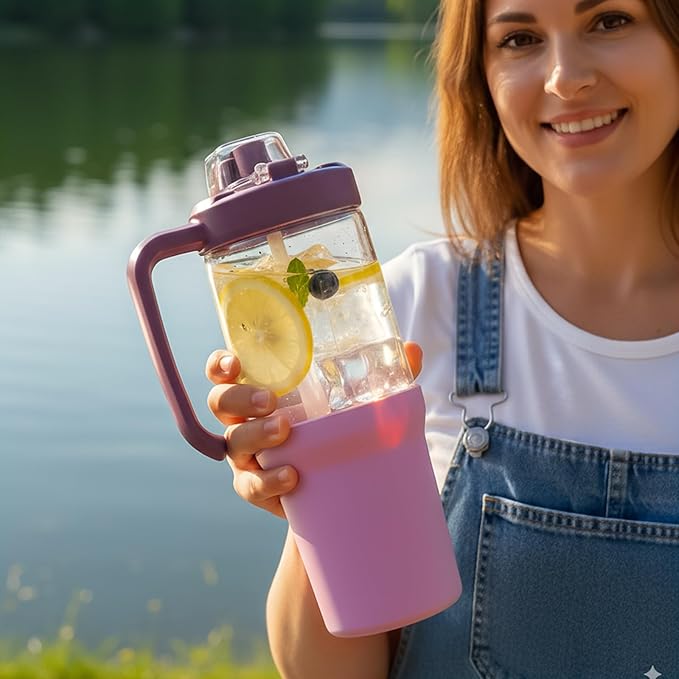32 oz Glass Tumbler with Handle, 2-in-1 Straw and Sip Spout, Leakproof, BPA-Free Glass Water Bottle for Sports, Office, School, Lilac