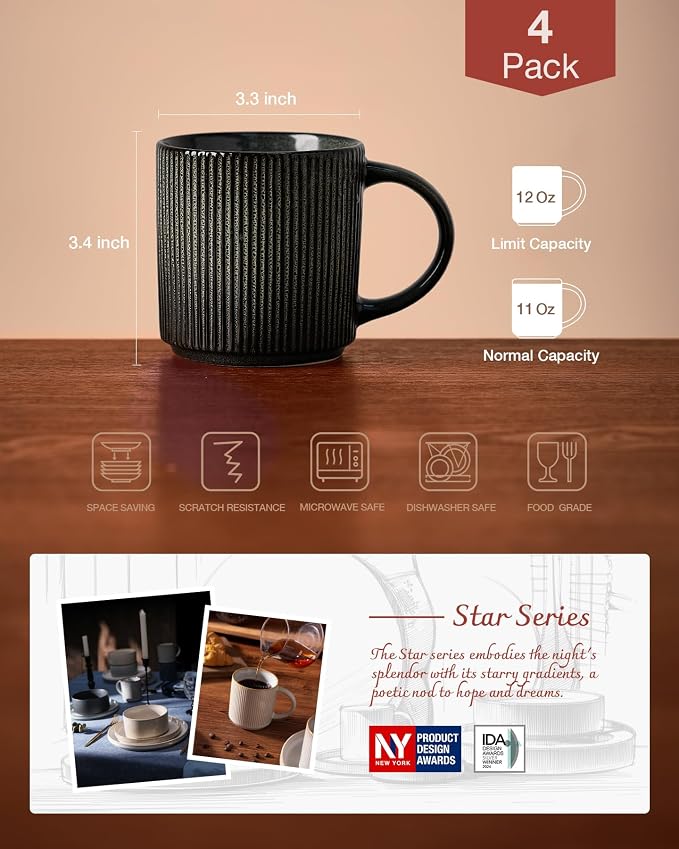 famiware Coffee Mug Set for 4, Star 12 oz Catering Mugs Cup Set with Handle for Coffee, Tea, Cocoa, Milk - Ceramic Stoneware Drinkware Set, Deep Forest - Image 4