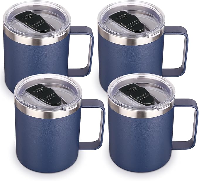Volhoply 14oz Insulated Stainless Steel Coffee Mug with Lid Bulk 4 Pack,Double Wall Vacuum Travel Coffee Cup with Handle,Reusable Metal Cups Tumbler,Camping Mugs Keep Hot,Ideal Gifts(Navy,4) by LiveFully%EF%BC%8CDrinkFreely%E2%80%94KeepGoingwithVolhoply%EF%BC%81