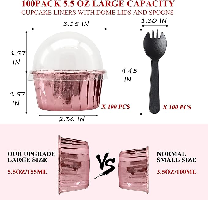 Foil Cupcake Liners Baking Cups With Lids 100 Pack,LNYZQUS 5.5 Oz Large Cupcake Tins Muffin Cups,Disposable Ramekins With Lids,Cupcake Wrappers Holders For Wedding Bakery,with Spoons-Rose Gold - Image 3