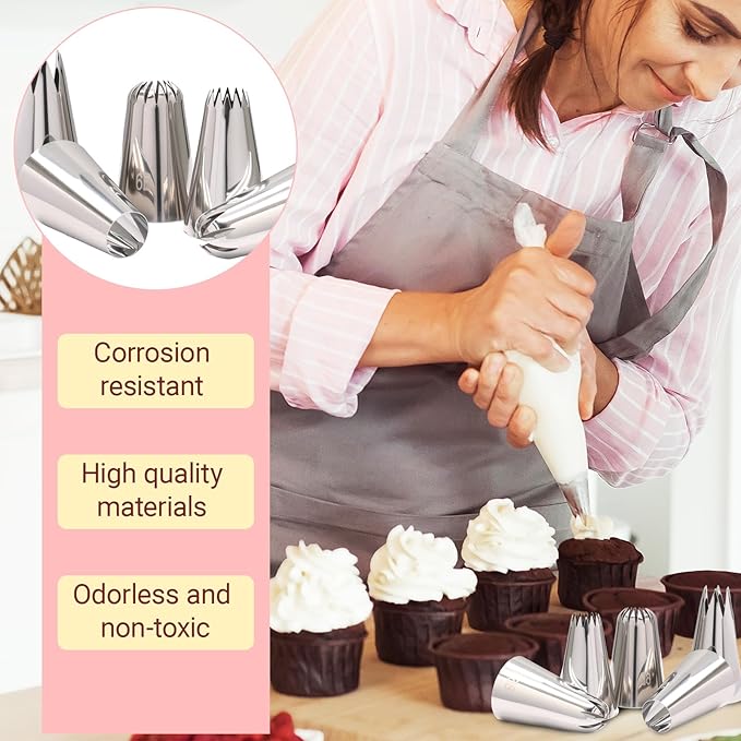1M+6B+4B+853+1A Piping Tips Set for Cake Decorating - 5 Piece Stainless Steel Star Nozzles for Buttercream, Icing, Cupcakes & Cookies