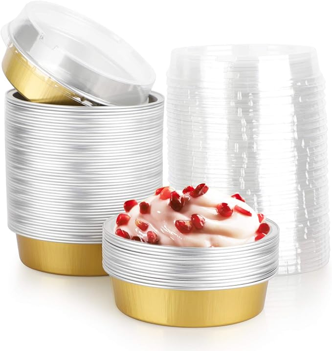 Beasea Disposable Pie Tins 4 Inch, 50 Pack Mini Tart Pans with Lids, 8 Oz Golden Aluminum Pie Pan Tin Tart Pans Round Oven Baking Mini Cake Pan for Pie Tart Quiche by Beasea