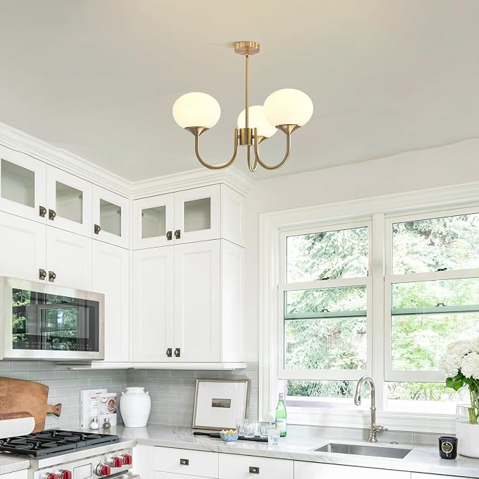 3 Light Vintage Gold Chandelier Milk Glass Globe Chandeliers Brass Sputnik Ceiling Light Fixture Mid Century Modern Pendant Light Dining Room Kitchen - Image 6