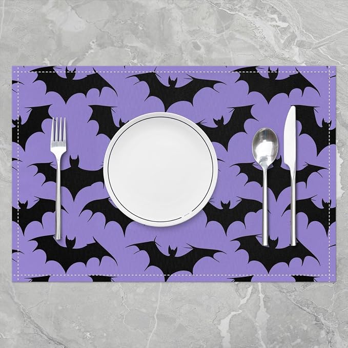 Feelyou Happy Halloween Placemats Set of 4 Bats Pattern Table Mats for Party Kitchen Dining Decoration Holiday Seasonal Light Purple Black Place Mat for Dinner Table Indoor Outdoor 18"x12" Non-Slip - Image 2