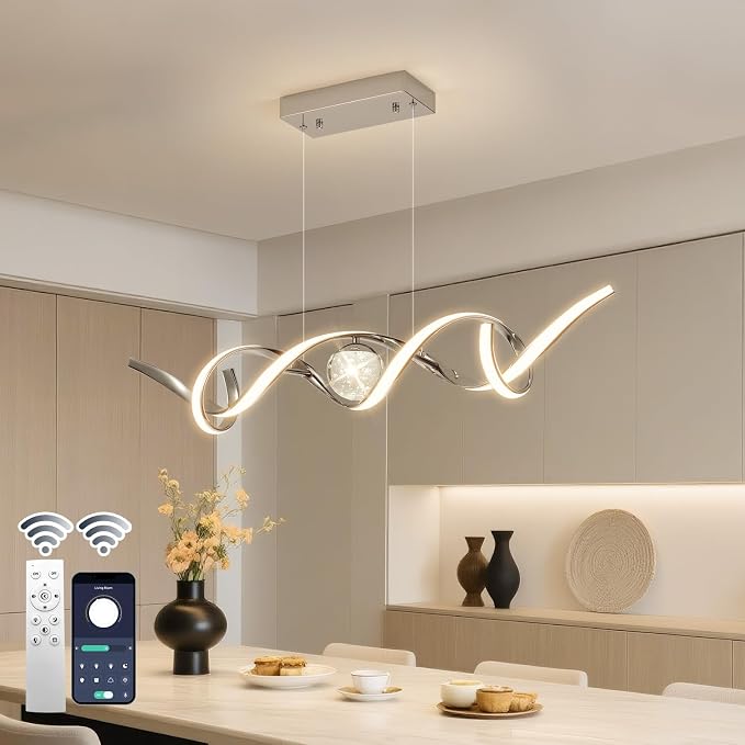 ORANOOR LED Modern Chandeliers 39inch Dimmable Chrome Kitchen Pendant Light | Silver LED Chandelier Lights for Dining Room, Linear Wave Spiral Pendant Light Fixtures, Dining Lights Ceiling Hanging, 36W - Image 2