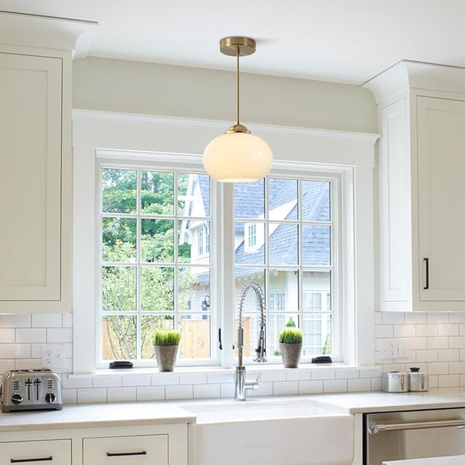 KCO Lighting 1-Light Globe Pendant Light Mid Century Modern Pendant Lighting White Glass Hanging Light Fixture Brushed Brass Chandelier Adjustable Light for Dining Room Living Room Bedroom Kitchen - Image 7