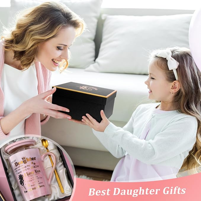 Daughter Birthday Gifts from Mom Dad - Unique 14oz Pink Marble Gold Print Coffee Mug, Lid, Spoon, Greeting Card, Presents for Wedding Blessing, Thanksgiving, Valentines, Graduation, Nice Gift Boxed - Image 6