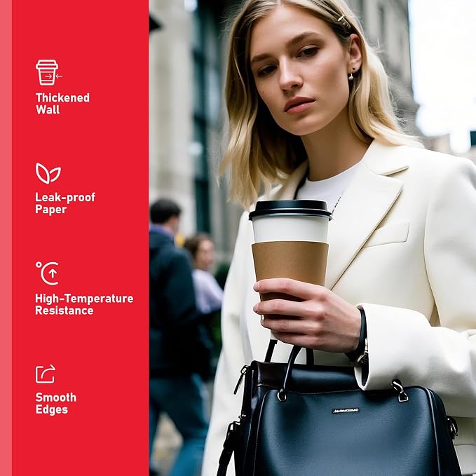 16 oz 50 Pack Coffee Cups with Lids and Sleeves, Hot Paper Coffee Cups with Lids, Disposable To Go Cup with Lid for Coffee, Tea, Hot Chocolate, Ideal for Cafes, Offices and Travel - Image 3