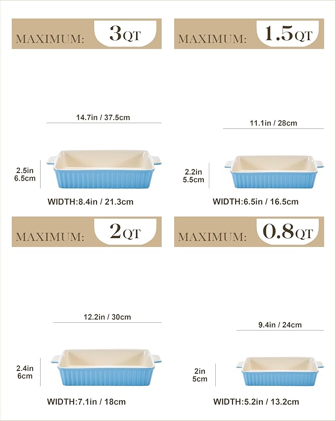 MALACASA Casserole Dishes for Oven, Ceramic Bakeware Set of 4, Blue | Deep Lasagna Pans for Versatile Use, Durable Bakeware for Roasting Vegetable, Gift Set, Dishwasher Safe(9.4/11.1/12.2/14.7") - Image 2