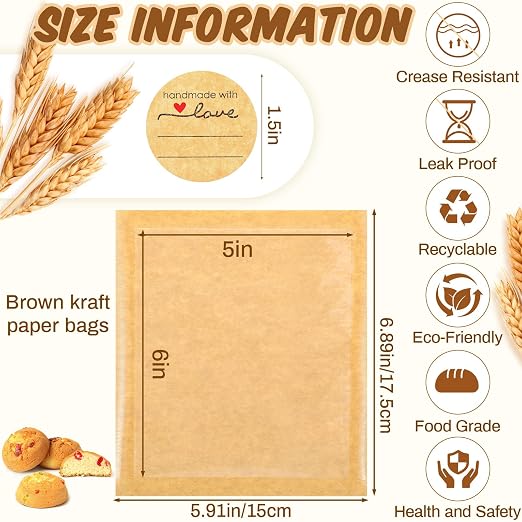 Outus 50 Pcs Cookie Packaging Bags with Seal, 5.7 x 6.5 Inch Bakery Pastry Bags with Window, Heat Sealable Grease Resistant Paper to Go Bake Sleeves for Gift Giving Donut Bread Sandwich (Brown) - Image 2