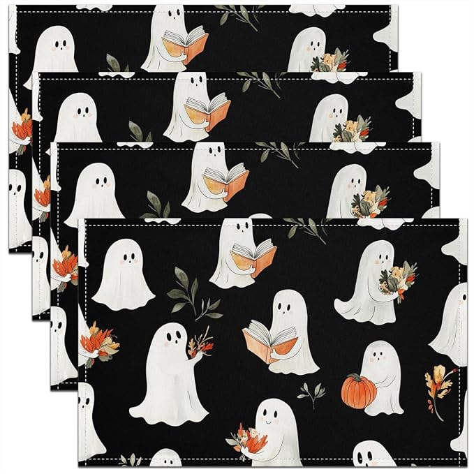 Feelyou Happy Halloween Placemats Set of 4 Cute Ghost Table Mats for Party Kitchen Dining Decoration Black Orange White Place Mat for Table Holiday Decor Indoor Outdoor 18"x12" Pumpkin Lantern by Feelyou
