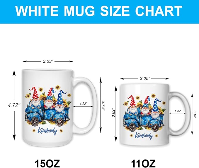 Hyturtle Personalized Gnome Sunflower Coffee Mug, 4th of July Mug | Gifts For Gnome Lovers - Patriotic Gnomes - Gnomies Gifts For Women - Custom Name 11oz White Ceramic Coffee Tea Cup - Image 5