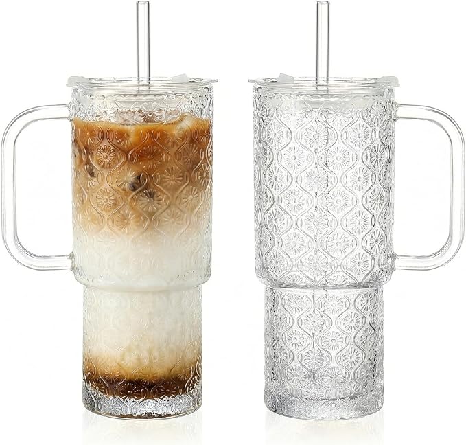 20 oz Glass Tumbler with Lid and Straw, Glass Iced Coffee Cups, Spill-proof Glasses Tumbler with Handle, Hobnail Glasses Drinking Set of 2, Vintage Glassware for Cocktail, Juice, Smoothies by Unknown