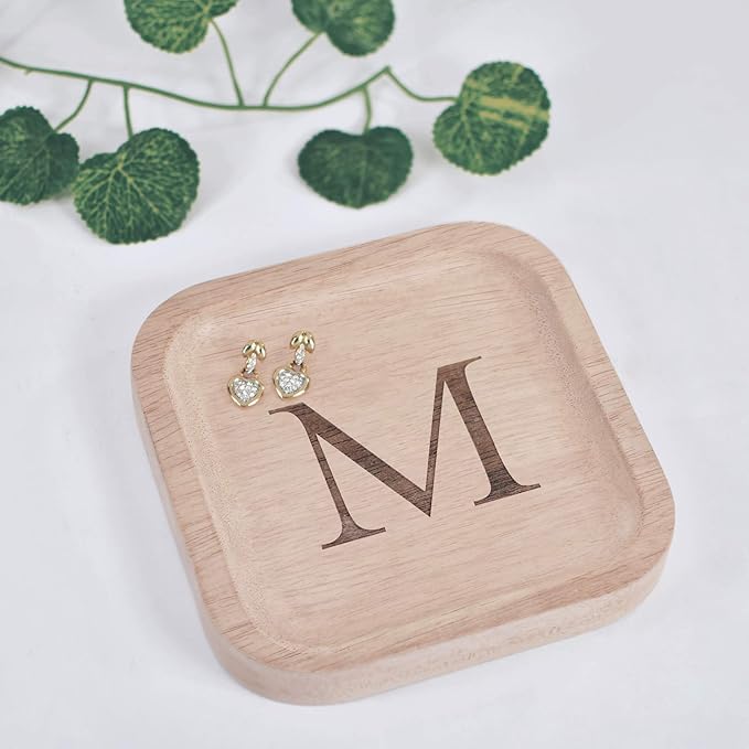 I'm Wooden Personalized Letter Catchall Valet Tray Trinket Dish Jewelry Tray Key Bowl Decorative Plate Organizing Ring Earrings Necklaces Bracelet Watch Coins Wallet Holder (6"x6" Sq Natural M)