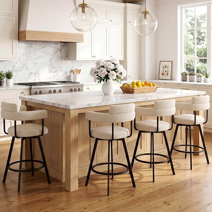 Flouki Swivel Bar Stools with Backs and Arms, Modern Bar Stools Set of 4 for Kitchen Island, 26" Upholstered Linen Counter Height Bar Stools for Kitchen Counter, Dining Room, Beige by Flouki