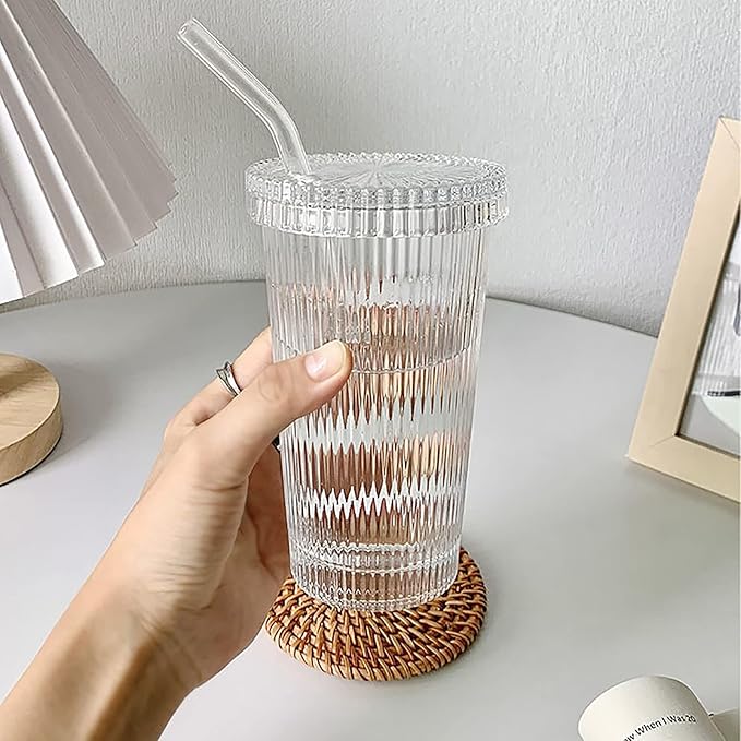 Glass Tumbler Stripe Glass Cup Coffee Cup With Lid and Straw LIDS DON'T SECURE 12.5 oz Drinking Glasses for Water,Iced Coffee,Milk,Tea,Juice (A-Stripe)