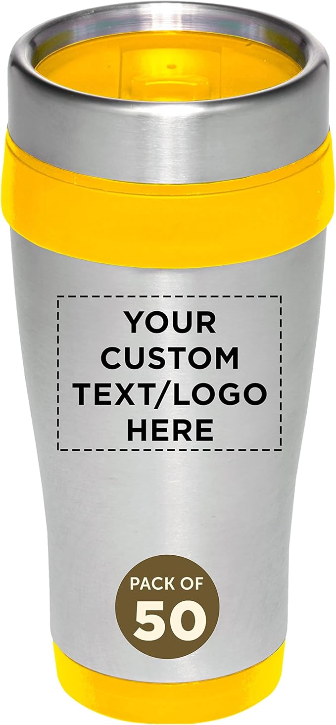 Custom Insulated Stainless Steel Travel Mugs 16 oz. Set of 50, Personalized Bulk Pack - Perfect for Coffee, Soda, Other Hot & Cold Beverages - Yellow