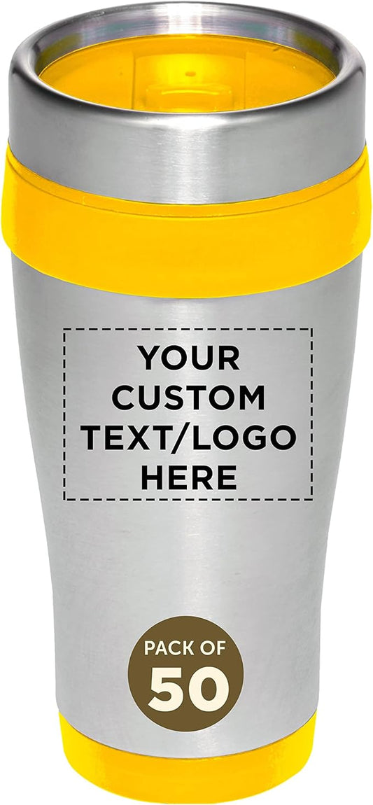Custom Insulated Stainless Steel Travel Mugs 16 oz. Set of 50, Personalized Bulk Pack - Perfect for Coffee, Soda, Other Hot & Cold Beverages - Yellow