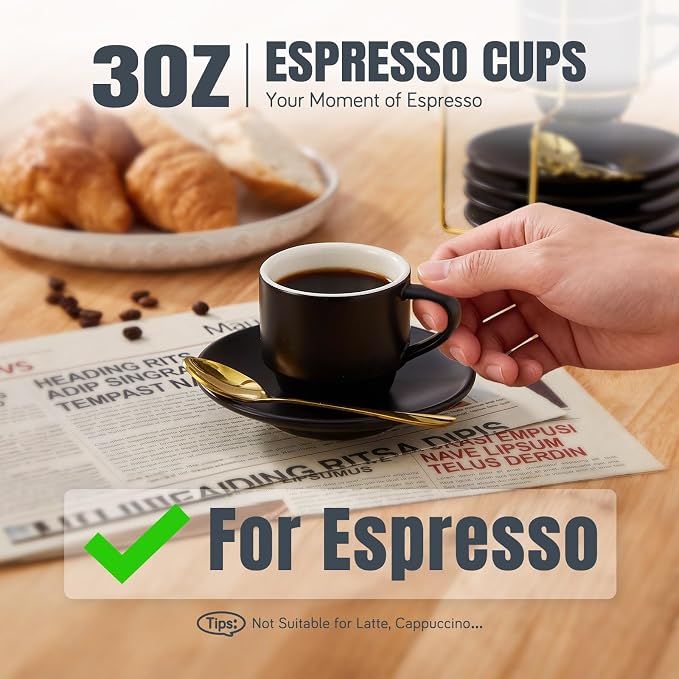 Lareina 3-Ounce Espresso Cups Set of 4, Small Stackable Coffee Cups with Saucers, Spoons and Metal Stand, Ceramic Demitasse Mugs, Espresso Accessories for Machine, Black - Image 2
