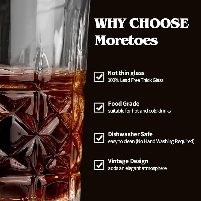 Moretoes Drinking Glasses, 12 Piece Crystal Glass Cups | Mixed Glassware Set, 6 Crystal Old Fashioned 10oz and 6 Highballs Glasses, Great for Cocktail, Whisky and Other Beverages - Image 5
