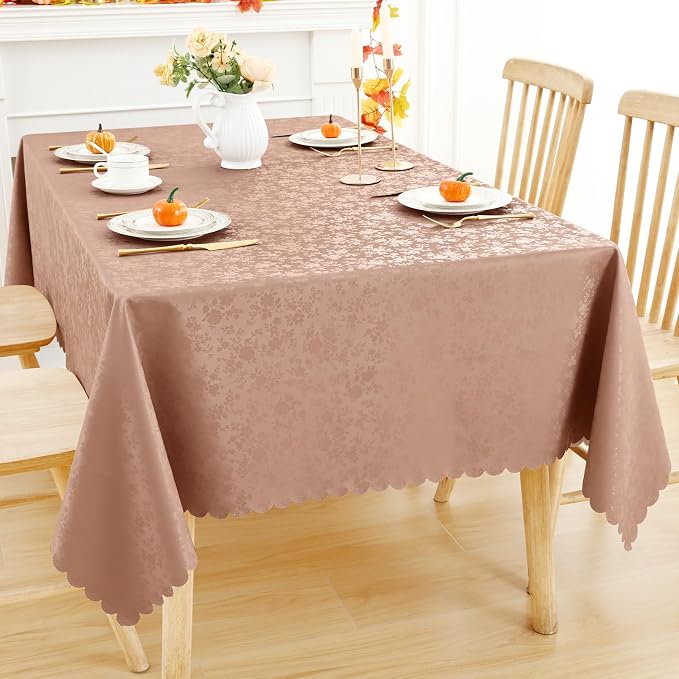 Smiry Rectangle Waterproof Heavy Duty Vinyl Tablecloths, 52 x 70 Inch | Wipeable Washable Floral Embossed Table Cover for Kitchen and Dining Room, Indoor & Outdoor Use, Tan - Image 6