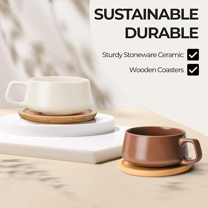 MIAMIO - Cappuccino Cup Set of 4, Ceramic (11oz) - Luxe (Beige Pastel) | Ceramic cappuccino cups and saucers, wide latte cups and mugs for Americano, 4-piece set of ceramic cups, dishwasher safe - Image 5