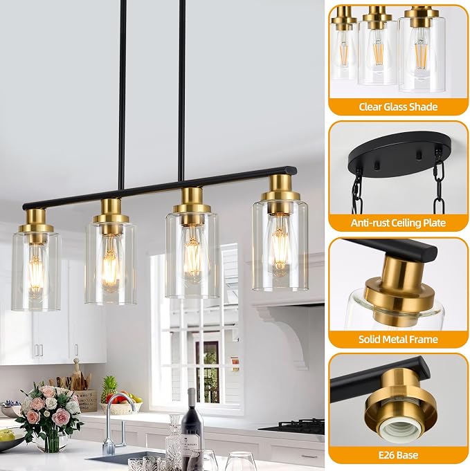 Island Lights for Kitchen, 4-Light Farmhouse Dining Room Light Fixtures Over Table, Matte Black and Gold Linear Chandeliers for Dining Room，Industrial Pendant Lighting with Clear Glass Shade - Image 6